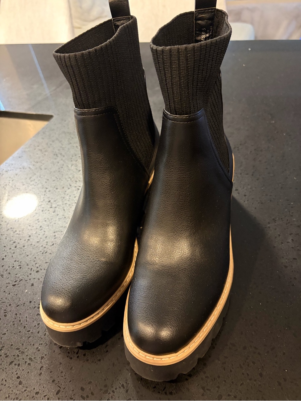 Dolce Vita Black Leather Chelsea Sock Booties with Tan Trim